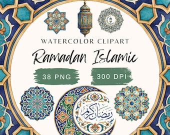 Ramadan Islamic Watercolor Clipart Bundle | Ramadan Kareem PNG, Islamic Patterns, Crescent Moon, Lanterns, Arabic Geometric Patterns,300 DPI