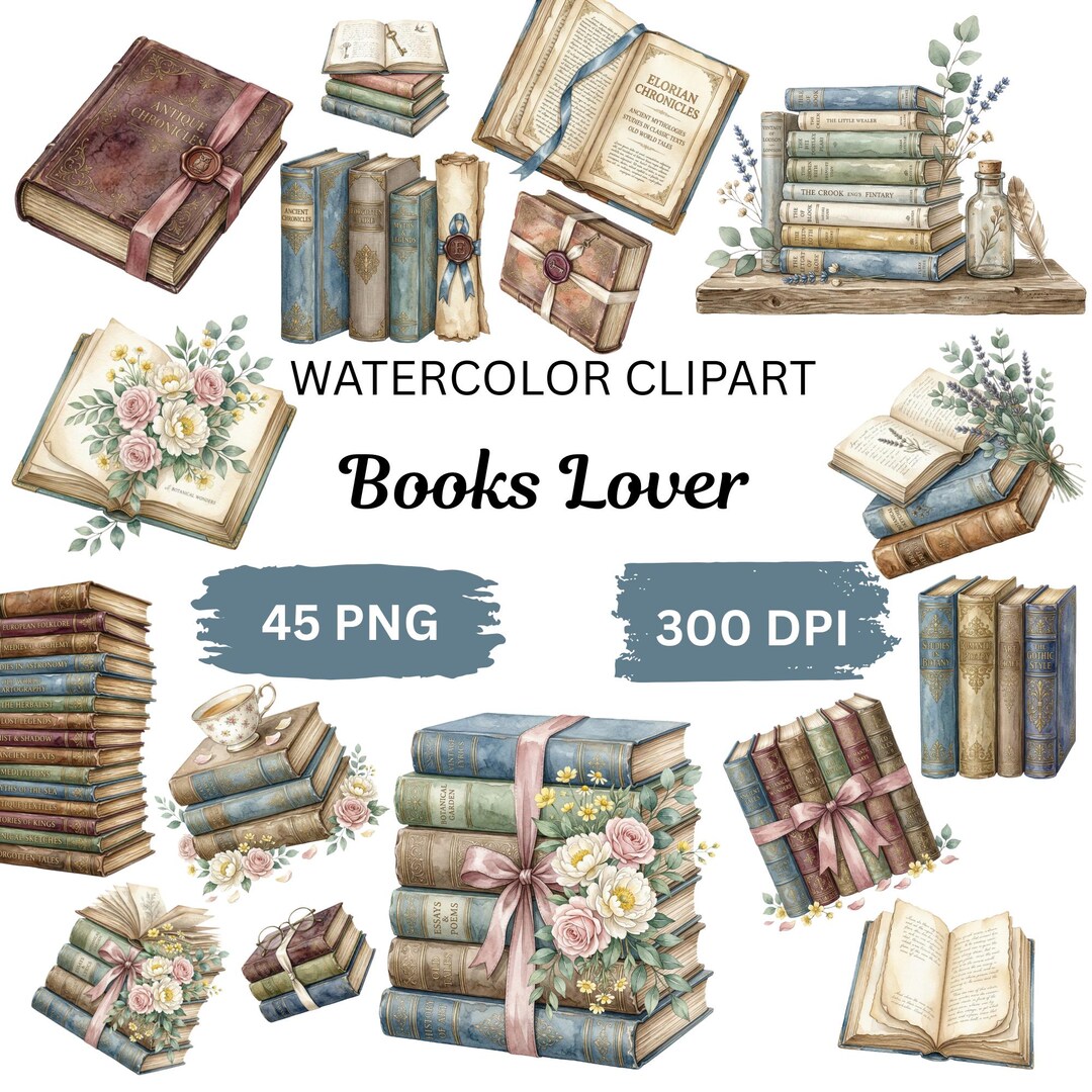 Books Lover Watercolor Clipart Bundle | Vintage Books PNG, Floral Book ...