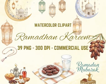 Ramadhan Kareem Watercolor Clipart Bundle with Transparent Background PNG, Ramadan Lantern Moon Mosque Islamic Graphics for Commercial Use