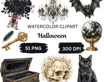 Gothic Halloween Aquarell Clipart Bundle, Dark Academia PNG, schwarze Katze, Fledermaus Clipart, Schädel Illustration, Gothic Rosen, Vintage Halloween