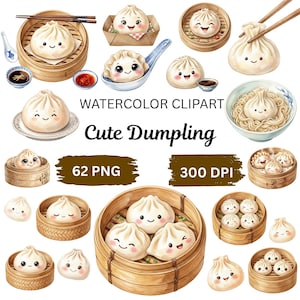 Puede incluir: Clipart de acuarela con varias ilustraciones de lindos dumplings. La imagen incluye dumplings en vaporeras de bambú, cuencos y platos, con caras sonrientes. El texto dice "Watercolor Clipart" y "Cute Dumpling".