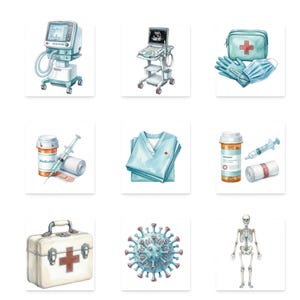 K&ouml;nnte beinhalten: Aquarellillustrationen von medizinischen Ger&auml;ten und Zubeh&ouml;r. Enth&auml;lt ein Beatmungsger&auml;t, ein Ultraschallger&auml;t, einen Erste-Hilfe-Kasten, OP-Kleidung, Medikamente, eine Spritze, Bandagen, Handschuhe, Gesichtsmasken, ein Virus und ein menschliches Skelett.