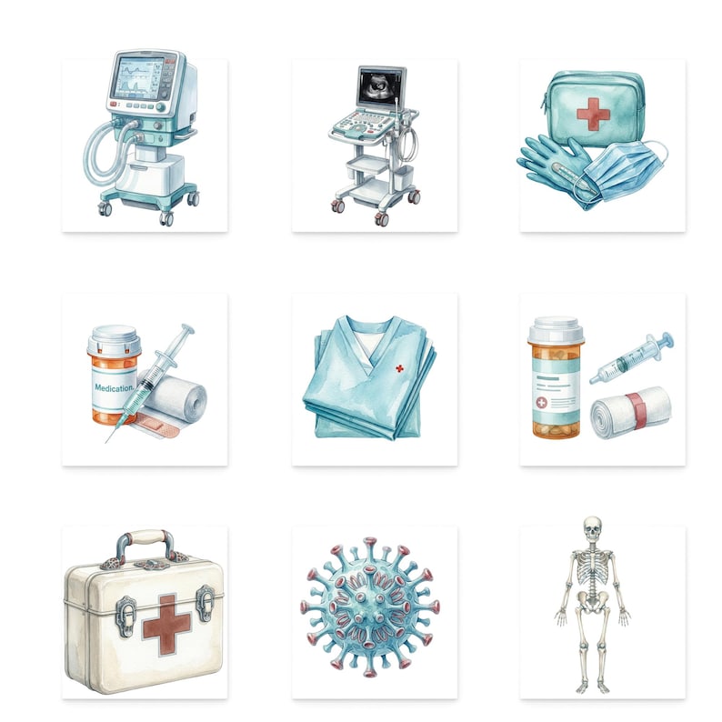 K&ouml;nnte beinhalten: Aquarellillustrationen von medizinischen Ger&auml;ten und Zubeh&ouml;r. Enth&auml;lt ein Beatmungsger&auml;t, ein Ultraschallger&auml;t, einen Erste-Hilfe-Kasten, OP-Kleidung, Medikamente, eine Spritze, Bandagen, Handschuhe, Gesichtsmasken, ein Virus und ein menschliches Skelett.