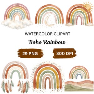 Puede incluir: Una colección de ilustraciones de arcoíris en acuarela con varios diseños que incluyen nubes, una luna creciente, un sol, plumas y colinas. El texto dice WATERCOLOR CLIPART, Boho Rainbow, 29 PNG y 300 DPI en fuentes marrones y negras.