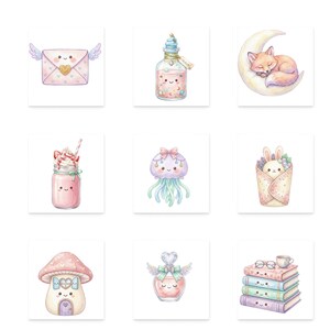 May include: Nine watercolor illustrations of cute, smiling characters. The images include a winged envelope, a potion bottle, a fox sleeping on a crescent moon, a milkshake, a jellyfish, a bunny in a wrap, a mushroom house, a perfume bottle, and a stack of books.
