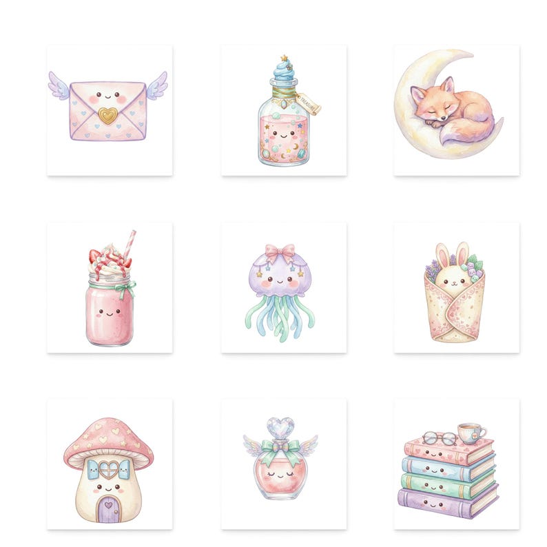 May include: Nine watercolor illustrations of cute, smiling characters. The images include a winged envelope, a potion bottle, a fox sleeping on a crescent moon, a milkshake, a jellyfish, a bunny in a wrap, a mushroom house, a perfume bottle, and a stack of books.