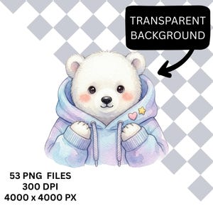 May include: A watercolor illustration of a white polar bear wearing a blue and purple hoodie. The bear has rosy cheeks, a black nose, and is adorned with a heart and star. Text on the image indicates it is a transparent PNG file.