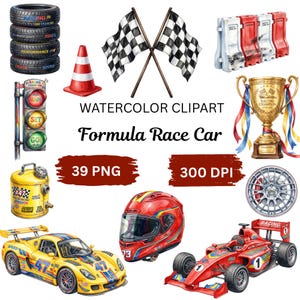 May include: A collection of watercolour racing-themed clipart including a stack of tyres, a traffic cone, checkered flags, road barriers, a trophy, a traffic light, a fuel can, a silver wheel, a yellow sports car, a red helmet, and a red race car.