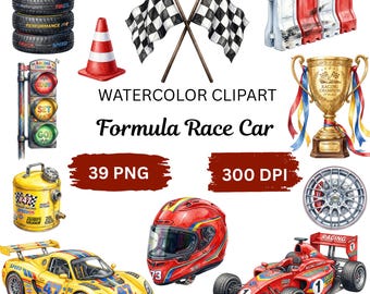 Formula Race Car Watercolor Clipart Bundle, Racing PNG, Motorsport Clipart, Formula Car Graphics, Checkered Flag Digital Download