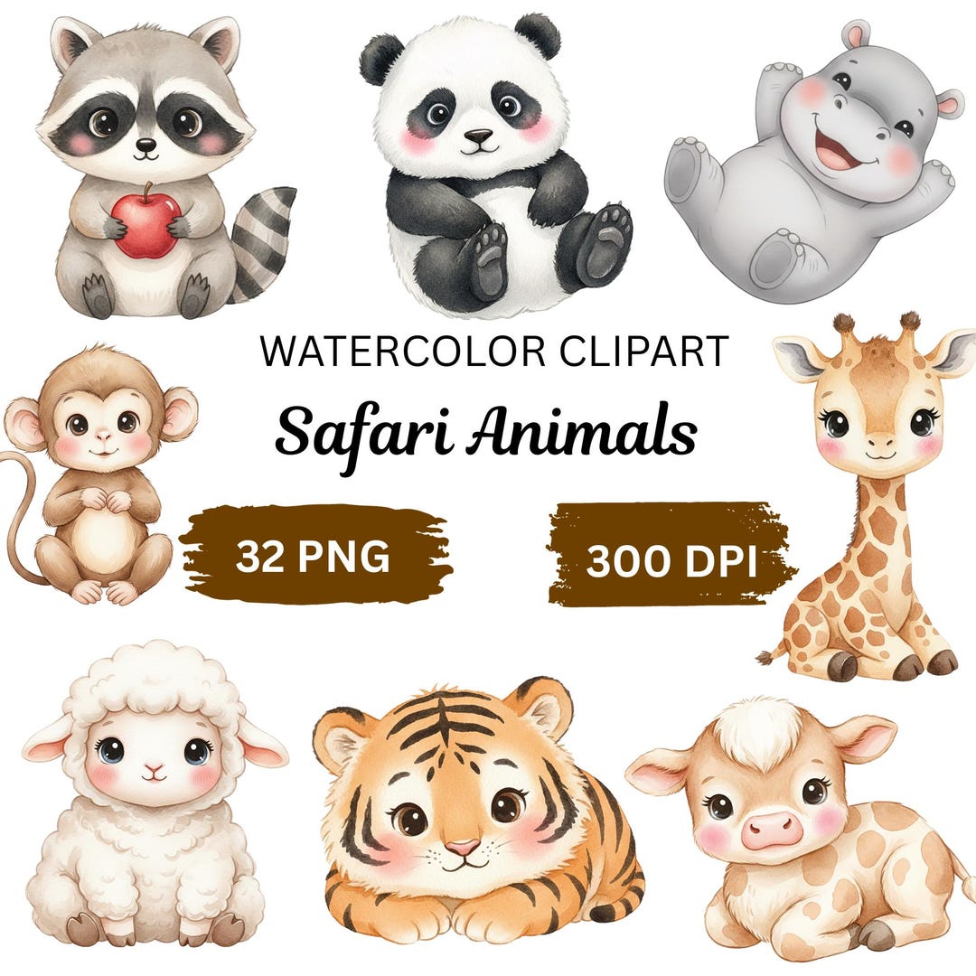 Safari Animals Watercolor Clipart Bundle, Baby Jungle Animals PNG, Cute ...