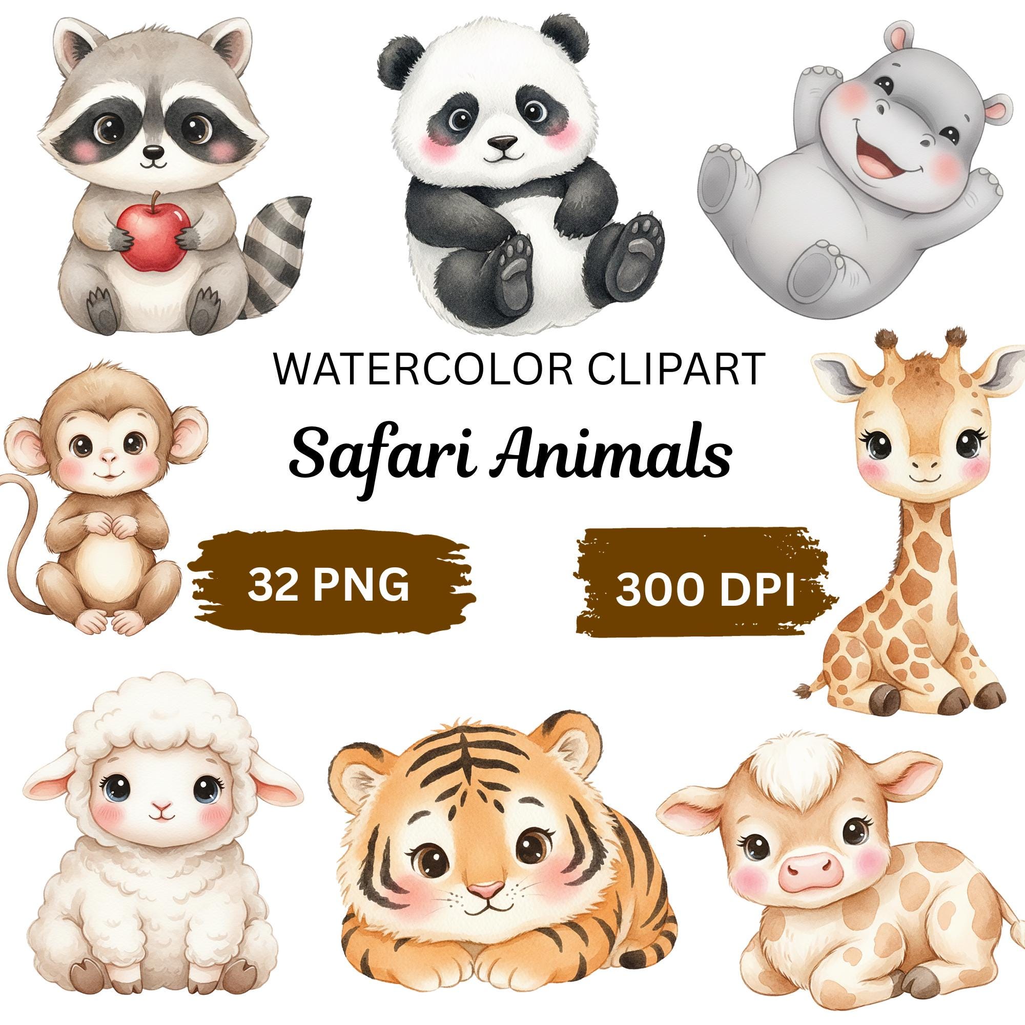 Safari Animals Watercolor Clipart Bundle, Baby Jungle Animals PNG, Cute ...
