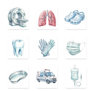 K&ouml;nnte beinhalten: Aquarellillustrationen von medizinischen Ger&auml;ten und Zubeh&ouml;r. Enth&auml;lt einen CT-Scanner, Lungen, blaue Clogs, einen Zahn, Handschuhe, eine Gesichtsmaske, eine Nierenschale, einen Krankenwagen und einen Infusionsbeutel.