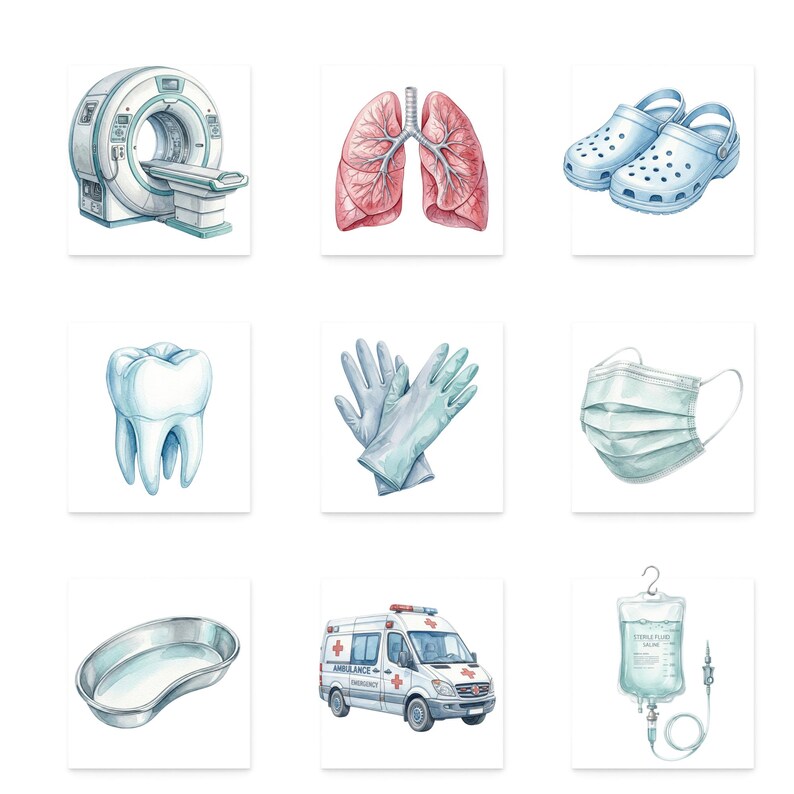 K&ouml;nnte beinhalten: Aquarellillustrationen von medizinischen Ger&auml;ten und Zubeh&ouml;r. Enth&auml;lt einen CT-Scanner, Lungen, blaue Clogs, einen Zahn, Handschuhe, eine Gesichtsmaske, eine Nierenschale, einen Krankenwagen und einen Infusionsbeutel.