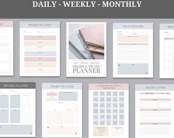 May include: A digital productivity planner with a minimalist design. The planner includes daily, weekly, and monthly layouts, along with focus trackers and meeting notes. The cover features a photo of a notebook and pencils. The text reads "Ultimate Productivity Planner".