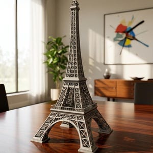 Puede incluir: Una maqueta gris de la Torre Eiffel se encuentra sobre una mesa de madera. La réplica detallada presenta la icónica estructura de celosía y es un objeto decorativo. La torre mide unos 30 cm de altura.