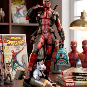 Può includere: Un action figure di Deadpool in piedi su una bomba, che indossa una tuta rossa e nera con una cintura multiuso. Il personaggio tiene un piccolo zaino azzurro con un disegno di un unicorno e un arcobaleno. Un piccolo peluche unicorno è sulla base.