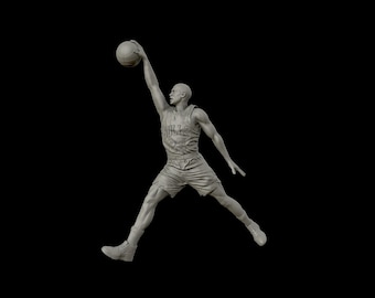 May include: A grey sculpture of a basketball player in mid-air, holding a basketball above their head. The player wears a jersey and shorts with the word "Bulls". The background is solid black.