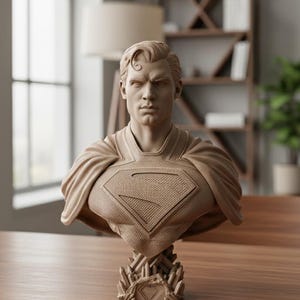 Puede incluir: Un busto de Superman de color marrón claro, con el icónico escudo "S" en el pecho. La escultura tiene una capa detallada y está montada sobre una base decorativa. El busto se exhibe sobre una mesa de madera.