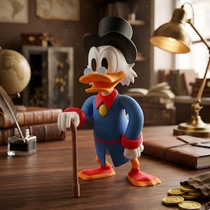 Puede incluir: Figura impresa en 3D de un personaje de pato con sombrero de copa negro, traje azul y detalles rojos, sosteniendo un bastón. El personaje tiene gafas redondas y barba blanca. La figura está sobre un escritorio de madera con monedas de oro y una lámpara.