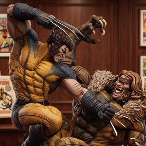 Pode incluir: Uma estátua detalhada de resina que retrata uma batalha dinâmica entre Wolverine e Dentes de Sabre. Wolverine veste um traje amarelo e azul com garras metálicas estendidas, enquanto Dentes de Sabre tem cabelo comprido e um colarinho de pele.