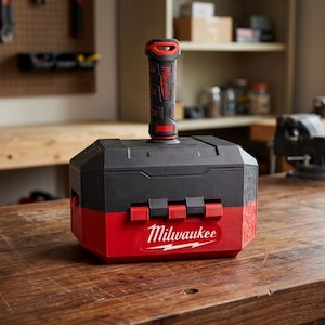 May include: A black and red tool box shaped like a hammer, with a red handle. The tool box has the Milwaukee logo in white. The tool box is sitting on a wooden work bench. Tools are visible in the background.
