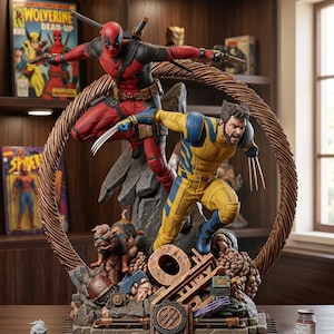 Puede incluir: Una estatua coleccionable detallada que muestra a Deadpool con un traje rojo y negro y a Wolverine con un traje amarillo y azul, ambos en poses de acción dinámicas. Una pequeña figura de perro se sienta debajo sobre una base rocosa.