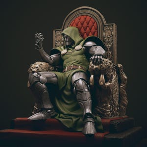 May include: A detailed collectible figurine of a character wearing a green hooded cloak and metallic silver armor, seated on an ornate throne. The throne features gold-toned lion head armrests, a tufted red backrest, and intricate carvings.