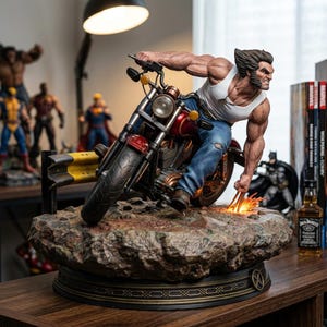 May include: A detailed collectible statue of a muscular character with sideburns, wearing a white tank top and blue jeans, riding a red and black motorcycle. The figure has metal claws extended, with a fiery effect on a rocky, textured base.