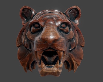 May include: A detailed, carved wooden tiger head sculpture. The sculpture is a rich brown color, with visible wood grain and intricate details in the fur, eyes, and teeth. The tiger's mouth is open, revealing sharp teeth.