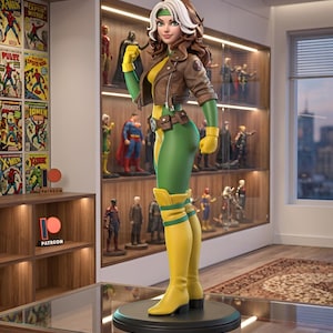May include: A collectible figurine of a character with brown hair and a white streak, wearing a brown leather jacket, a yellow and green bodysuit, yellow gloves, and yellow boots. The figure stands on a circular black base in a display room.