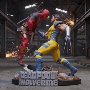 May include: A detailed collectible statue featuring Deadpool in a red and black suit and Wolverine in a yellow and blue suit engaged in combat. The base displays the text DEADPOOL & WOLVERINE in raised grey lettering on a rocky, textured surface.