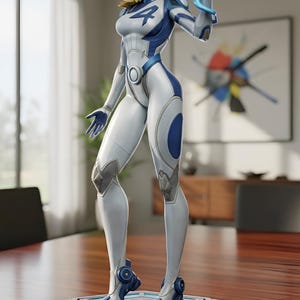 May include: A detailed figurine of a female superhero in a white and blue suit, standing on a grey base. The figure has blonde hair and is holding a blue energy construct. The base is rectangular with a blue illuminated top.