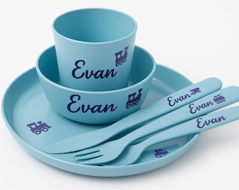 Personalised Kids Dinnerware Set, Children's Plate, Bowl, Cup & Cutlery, Gift Set for Kids, Custom Tableware Set.