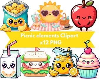 Kawaii Picnic Food Clipart – Cute Summer Snack Elements – Digital Download for Kids Crafts, snack graphics with cute faces, png downloads.