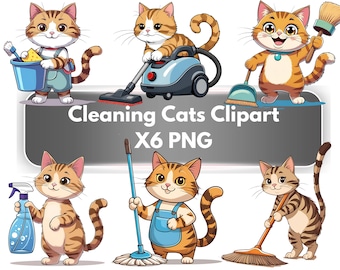 Kawaii Cleaning Cats Clipart – Cute Cat Chores Set – 6 PNG Graphics for Kids & Planners, chores and housework images.