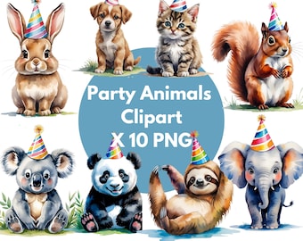 Party Animals Clipart Bundle – 10 Cute Animals Wearing Party Hats – Birthday PNG Graphics for Invitations, Stickers & Crafts