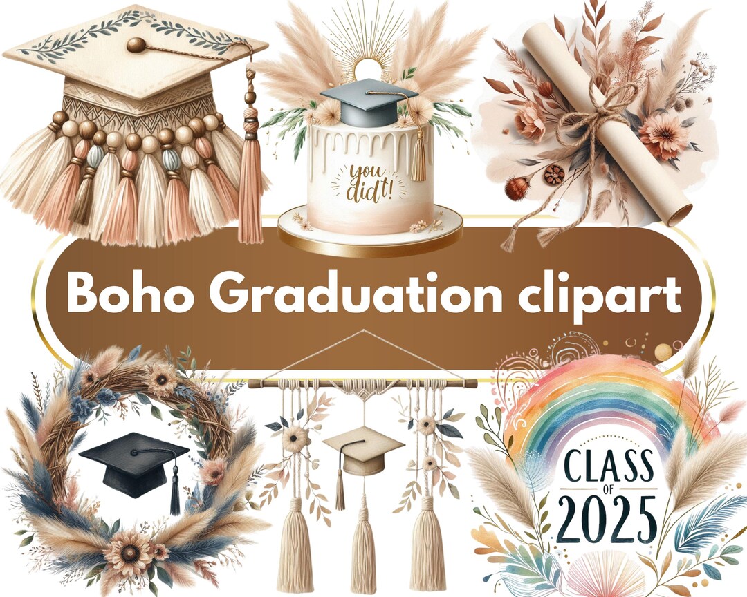 Boho Graduation Clipart Bundle, Class of 2025 PNG, Neutral Grad Cap ...