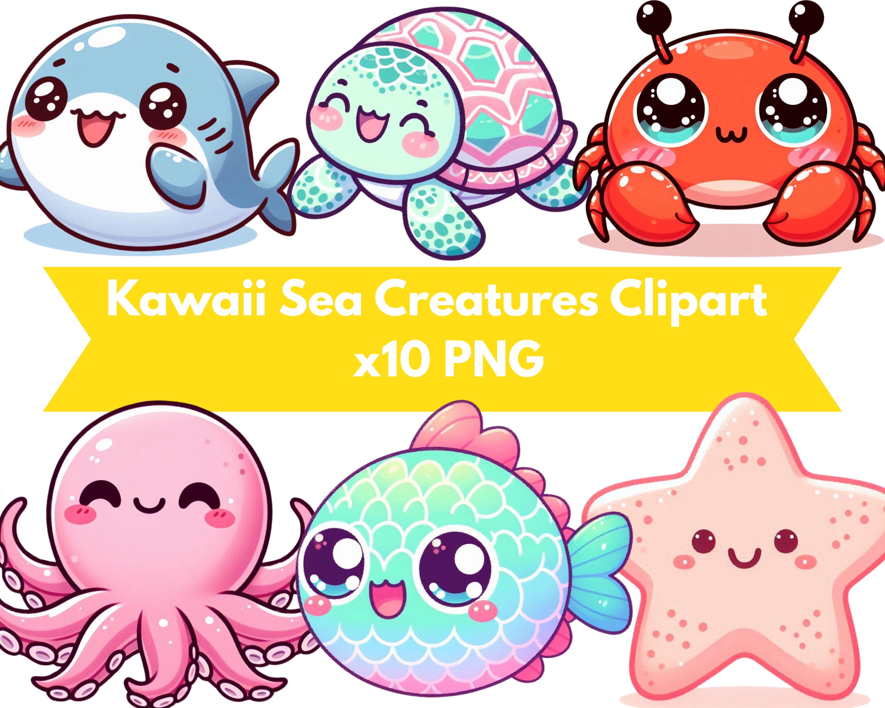 Kawaii Sea Creatures Clipart – 12 Cute Ocean Animal PNGs with cute Faces – Jellyfish, Turtle, Starfish, Dolphin, Pastel Kawaii Graphics