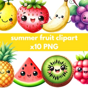 Cute Summer Fruits Clipart | Kawaii Happy Fruit PNG | Watermelon, Pineapple, Strawberry Clip Art | Kids Party, Stickers, Scrapbooking.