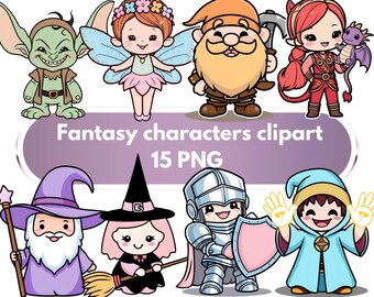 Kawaii Fantasy Characters Clipart Set, 15 Cute Magical Character Illustrations, Wizards, Fairies, Mermaids for Crafts and Scrapbooking.