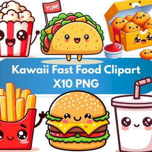Kawaii Fast Food Clipart Bundle – Cute Burger, Pizza, Fries, Pretzel & More – Smiling Food Faces – Commercial Use PNG Set.