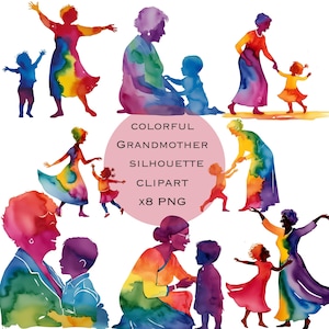 cute grandmother clipart, silhouette designs, watercolor art, grandma and grandchild graphics, grandson, grandaughter, digital download