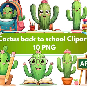 Clipart de cactus para el regreso a clases: 10 PNG de cactus kawaii con temática escolar, incluyendo libros, lápices, escritorios y más. Gráficos adorables para el aula y el profesorado.