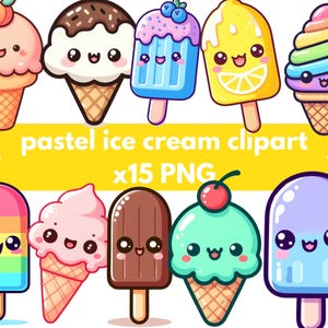 Clipart di gelato e ghiaccioli carini, PNG di dolcetti estivi kawaii, cono gelato sorridente, clipart di ghiaccioli, festa per bambini, adesivi, scrapbooking