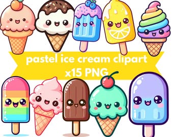 Cute Ice Cream and Popsicle Clipart, Kawaii Summer Treats PNG, Smiling Ice Cream Cone, Popsicle Clip Art, Kids Party, Stickers, Scrapbooking