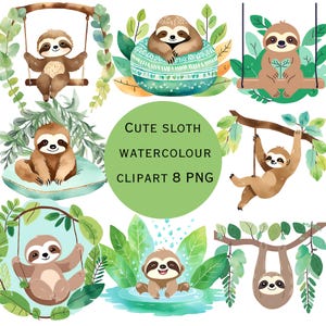 Clipart de bébé paresseux, motifs feuillus, paresseux se balançant mignon, projet artistique, graphiques de paresseux endormis, dessins à l'aquarelle.