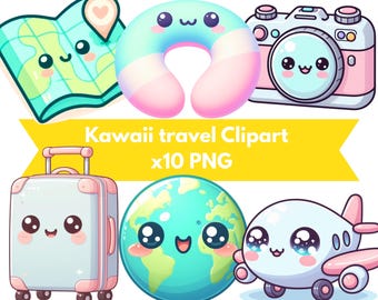 Kawaii Travel Clipart – Cute Suitcase, Passport, Airplane, travel elements with Faces, Pastel PNG Bundle for Travel Crafts, Digital Projects