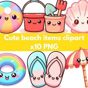 Paquete de imágenes prediseñadas de playa kawaii: 10 adorables PNG de verano con caras. Elementos playeros pastel para pegatinas, invitaciones y manualidades. Imágenes prediseñadas de artículos de playa.