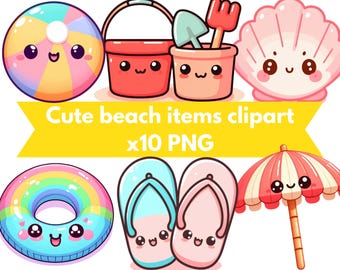 Kawaii Beach Clipart Bundle – 10 Cute Summer PNGs with Faces – Pastel Beach Elements for Stickers, Invitations & Crafts, beach items clipart
