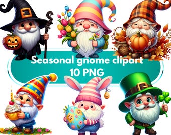 Cute Gnomes for All Seasons Clipart Bundle, 10 Whimsical Holiday PNGs for Spring, Summer, Fall, Winter, and Celebration Crafts & Stickers
